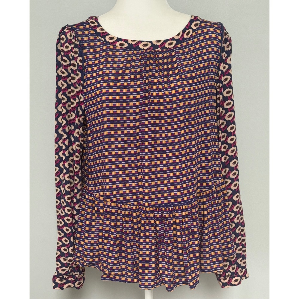 Maeve Anthropologie Peasant‎ Cheyenne Peplum Blouse Long Sleeve Geometric Size L